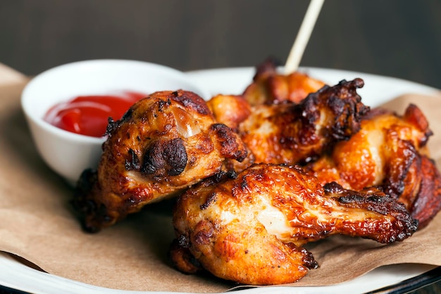 Asas de frango assadas junto com ketchup, as asas são cozidas e prontas para comer em um café