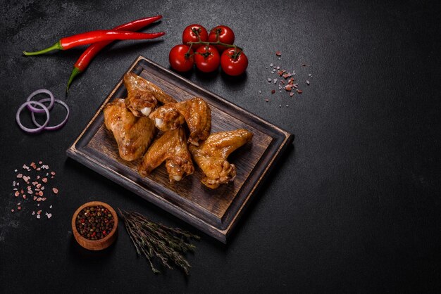 Asas de frango de churrasco crocante com legumes e especiarias em um fundo preto