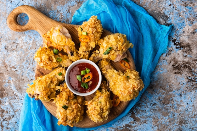 Asas de frango empanadas. asa de frango frito. comida americana. vista do topo