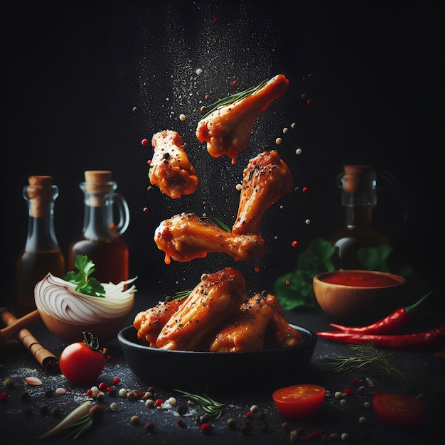 asas de frango flutuando no ar em um fundo preto fotografia profissional de comida