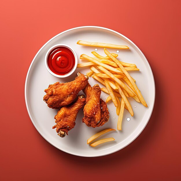 asas de frango fritas e batatas fritas com ketchup em um prato no estilo de linhas minimalistas