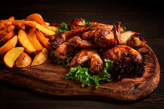 Asas de frango frito com batatas e especiarias fast food caseiro sem gente