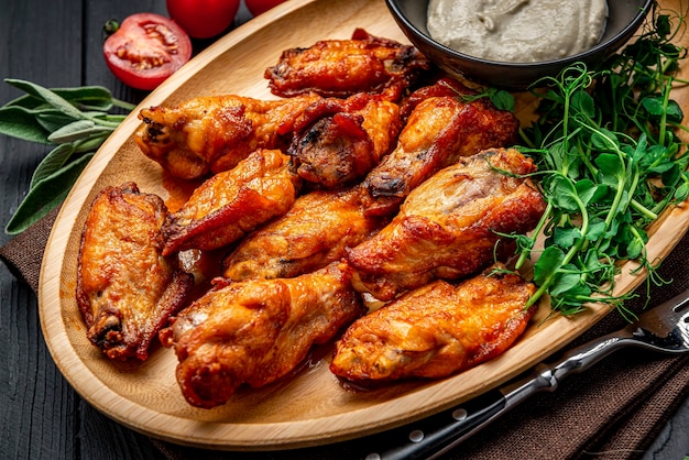 Asas de frango frito com molho branco em um fundo escuro