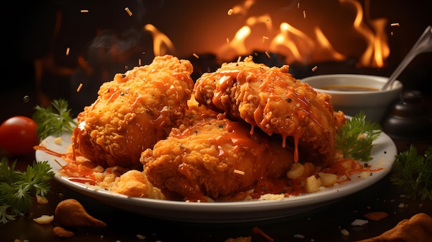 Asas de frango frito com molho e limão sobre uma mesa de madeira