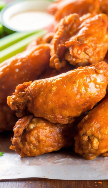 Foto asas de frango frito com palitos de aipo e molho de queijo azul, close-up