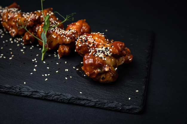 asas de frango frito com sementes de gergelim e especiarias em fundo preto