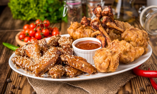 Asas de frango frito em massa com ketchup e molho