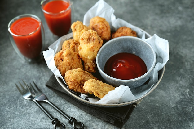 Asas de frango frito empanadas caseiras com molho de tomate