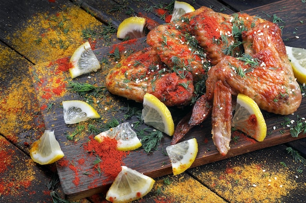 Asas de frango grelhadas e temperos em uma mesa de madeira