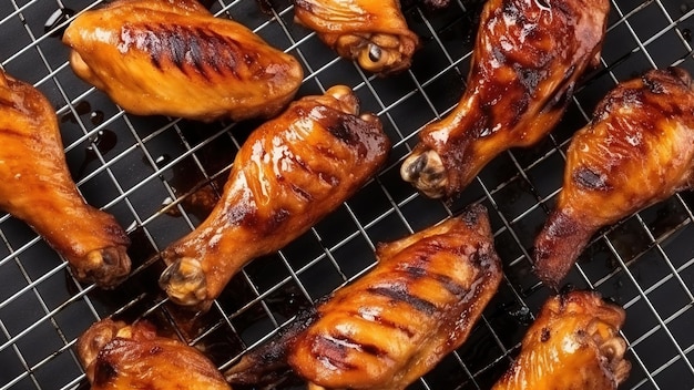 asas de frango grelhadas em uma frigideira Closeup