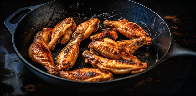 Asas de frango grelhadas em uma frigideira sobre uma mesa preta