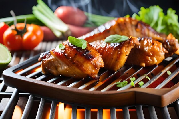 Asas de frango grelhadas na grelha flamejante com legumes grelhados em molho barbecue com pimenta