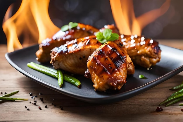 Asas de frango grelhadas na grelha flamejante com legumes grelhados em molho barbecue com pimenta