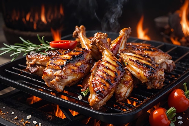 asas de frango grelhado com legumes grelhados em molho barbecue com shashli de carne de frango grelhado