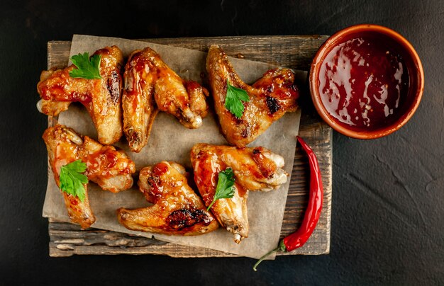 Asas de frango grelhado em molho barbecue com salsa em uma tábua sobre uma mesa de concreto. Vista do topo . com espaço de cópia para o seu texto