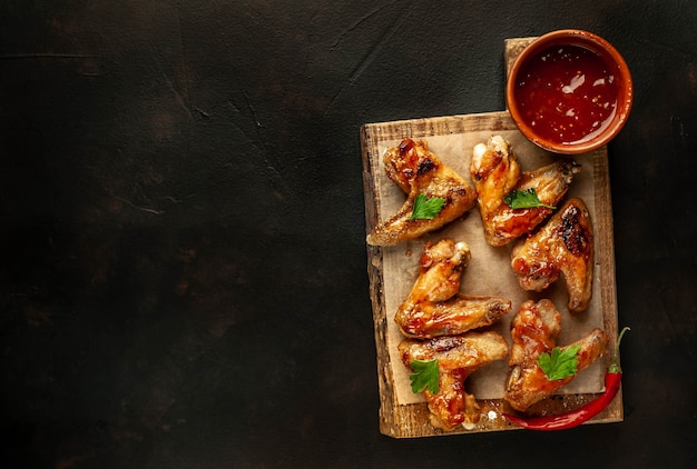 Asas de frango grelhado em molho barbecue com salsa em uma tábua sobre uma mesa de concreto. Vista do topo . com espaço de cópia para o seu texto