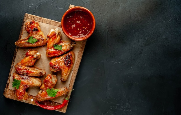 Asas de frango grelhado em molho barbecue com salsa em uma tábua sobre uma mesa de concreto. Vista do topo . com espaço de cópia para o seu texto