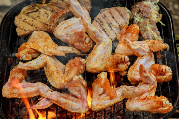 Asas de frango na churrasqueira com fogo