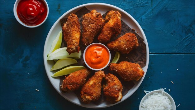 Foto asas de frango picantes empanadas com especiarias e ketchup na mesa