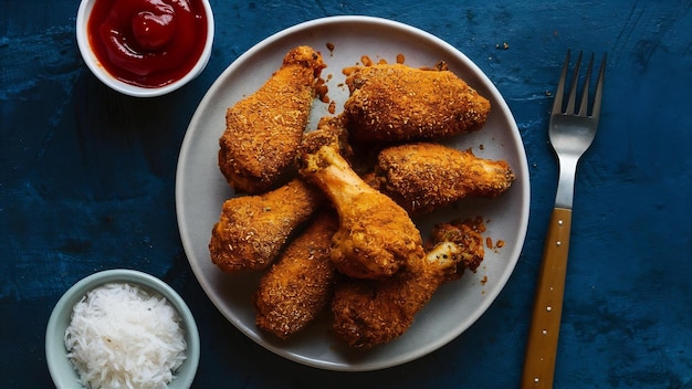 asas de frango picantes empanadas com especiarias e ketchup na mesa