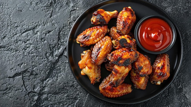 asas de frango picantes grelhadas com ketchup em um prato preto em uma pedra de ardósia escura ou fundo de concreto Vista superior com espaço de cópia