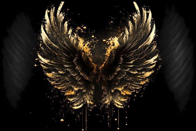 Asas douradas de anjo ou pássaro águia fundo preto Splash conceito abstrato de glamour gótico