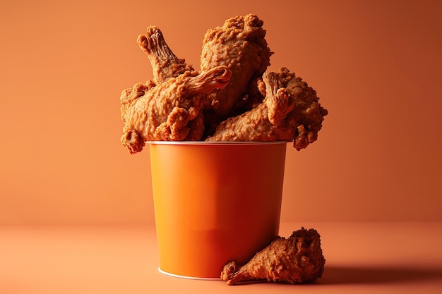 Asas e pernas de frango frito Em um fundo marrom, um balde cheio de frango frito crocante de Kentucky