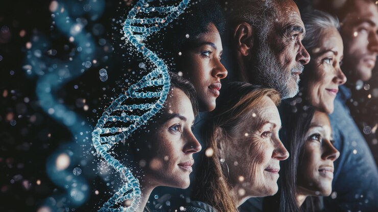 La ascendencia se refleja en cadenas de ADN y símbolos genéticos entrelazados con retratos de diversos miembros de la familia