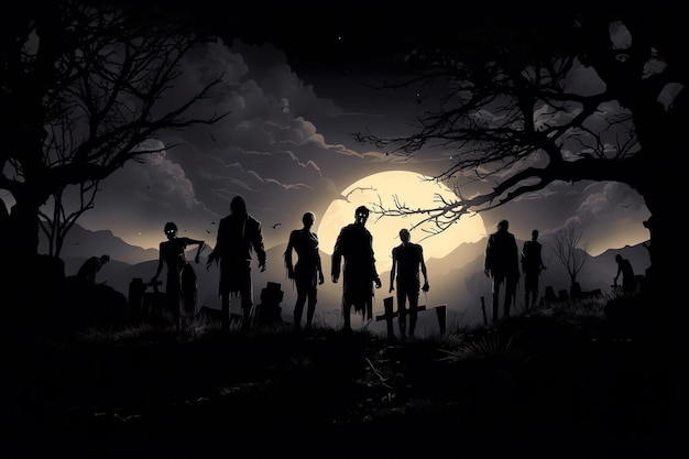 Ascensão do horror do conceito de ilustração de halloween morto Silhuetas de zumbis assustadores mortos-vivos na floresta no cemitério contra o pano de fundo da lua Generative AI