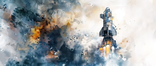 Ascensão em Aquarelas Uma pintura de aquarela dinâmica capturando a decolagem ardente de um ônibus espacial