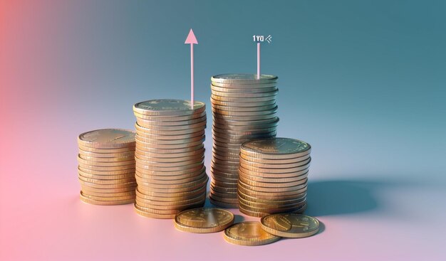 Ascensão financeira empilhando moedas com seta para cima e símbolo de porcentagem