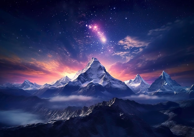 El ascenso lechoso en el cielo nocturno sobre los paisajes montañosos AI Generative