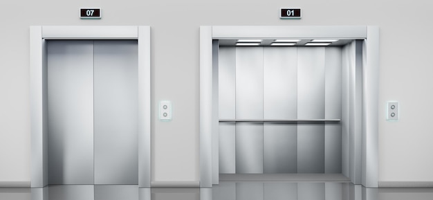 Ascensores de pasajeros y de carga con puertas plateadas cerradas y abiertas en el pasillo Interior vacío realista con panel metálico de ascensores con botones y pantalla en la pared en la oficina o almacén 3d renderizado