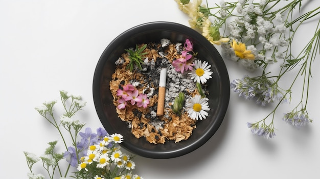 Foto aschenbecher mit gelöschter zigarette und getrockneten blumen auf weiß