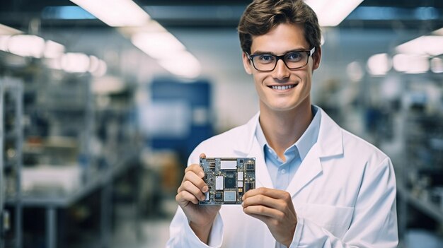 Foto aseguramiento de la calidad un joven ingeniero adulto inspecciona un chip de computadora soldado