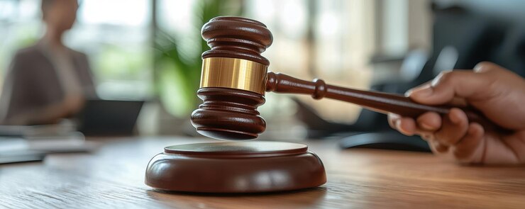 Asegurar que se sirva justicia con la mano sosteniendo el martillo en la sala del tribunal Concepto de justicia social con espacio para copiar