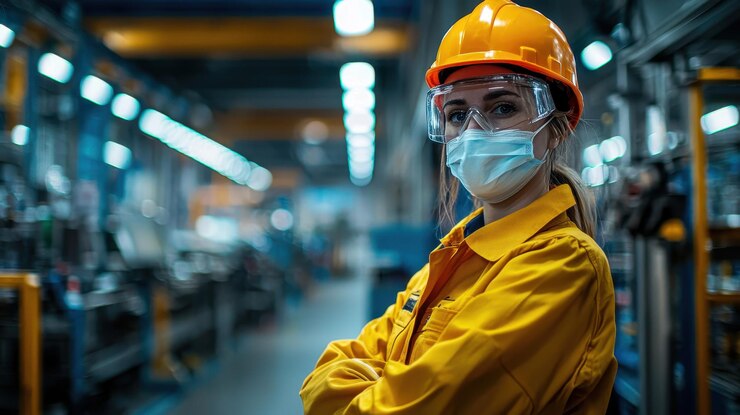 Asegurar la seguridad en el lugar de trabajo Trabajador de la fábrica en la línea de montaje de equipo de protección con espacio para copiar texto