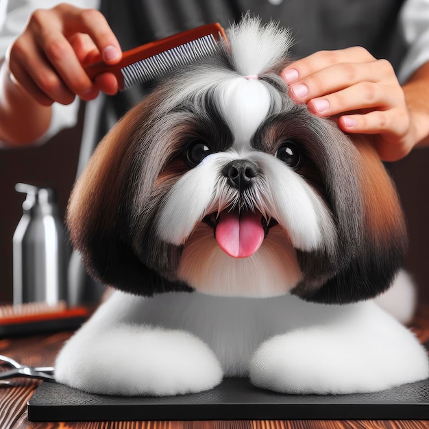 Foto el aseo profesional de un hermoso perro shih tzu generado por la ia