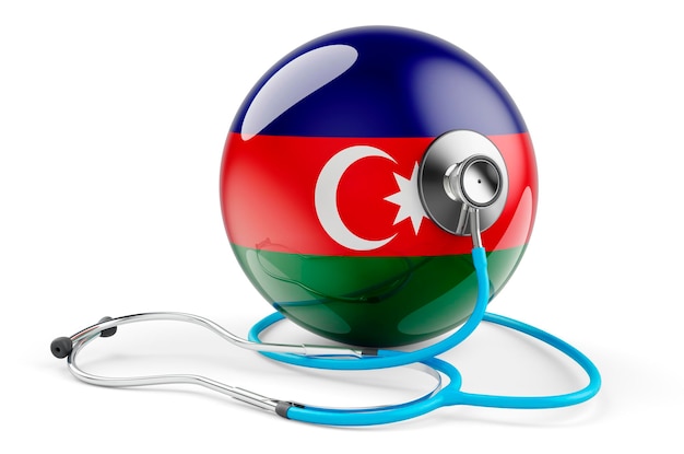 Aserbaidschanische Flagge mit Stethoskop Gesundheitsversorgung in Aserbaidsschan 3D-Rendering isoliert auf weißem Hintergrund