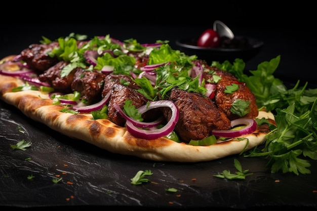 Aserbaidschanischer Lule-Kebab in Lavash-Brot mit Zwiebelsalat