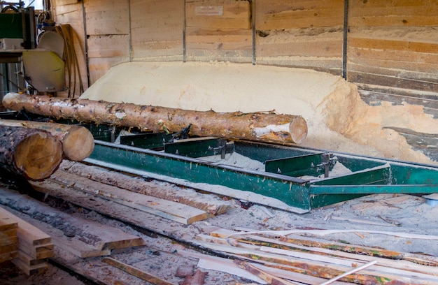 Aserradero. Proceso de mecanizado de troncos en equipos de aserradero sierra de máquina aserra el tronco del árbol en las tablas de tablones. Trabajo de aserrín de madera aserrado madera madera carpintería de madera