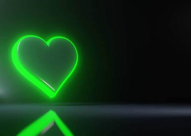Ases naipes símbolo corazones con luces de neón brillantes verdes aisladas sobre fondo negro 3D
