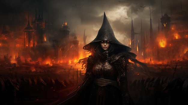 Una asesina medieval con capa negra se alza contra el fondo de una ciudad en llamas por la noche