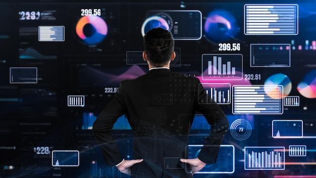 Asesor financiero experto o comerciante trabajo con bi datos de inteligencia de negocios lisp