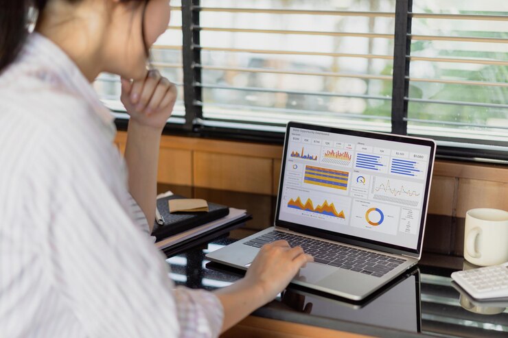 Foto asesora de análisis de negocios financieros equipo de mujeres analizando gráficos de datos gráficos y un tablero de instrumentos en la pantalla de la computadora portátil concepto de análisis de datos