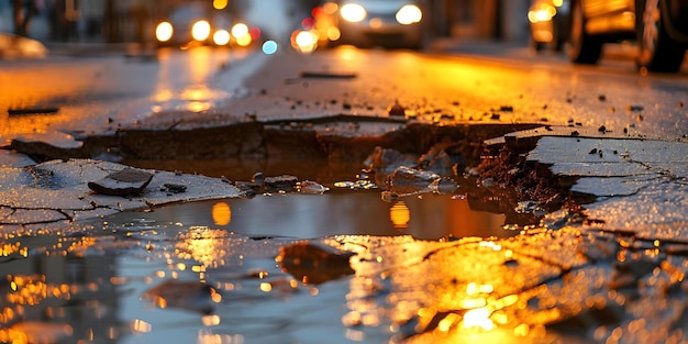Foto asfalto agrietado lleno de agua causa un gran sumidero en la calle de la ciudad concepto infraestructura de la ciudad prevención de sumidero seguridad vial respuesta de emergencia a daños por agua
