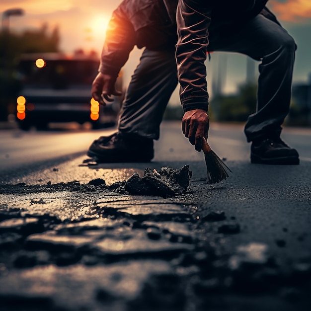 Asfalto de la carretera con los dedos humanos