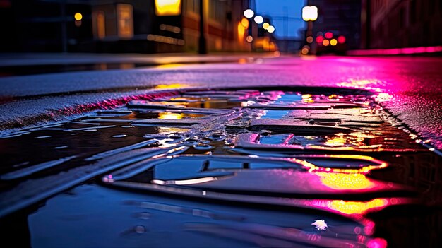 Asfalto húmedo calles nocturnas de la ciudad reflejo de luz de neón charcos Generación AI