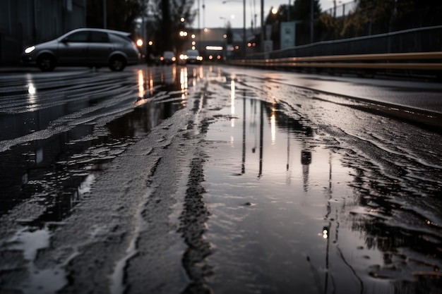 Asfalto húmedo con huellas de vehículos y reflejos durante el día tormentoso