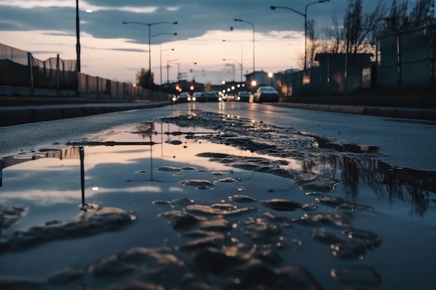 Asfalto mojado con charcos y reflejos del cielo creando un efecto hipnotizador